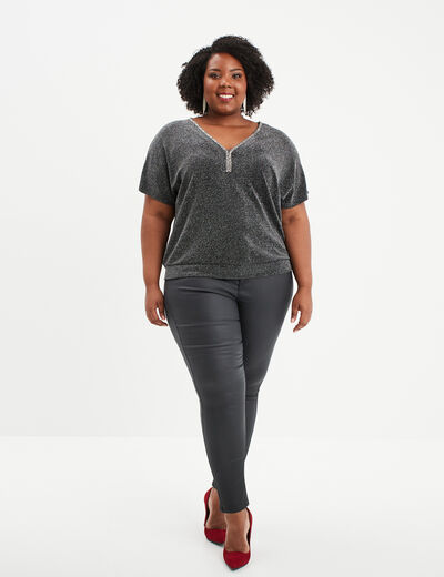 T-shirt manches courtes fils m&eacute;tallis&eacute;s gris argent femme grande taille