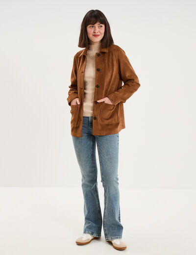 Veste effet su&eacute;dine boutonn&eacute;e camel femme