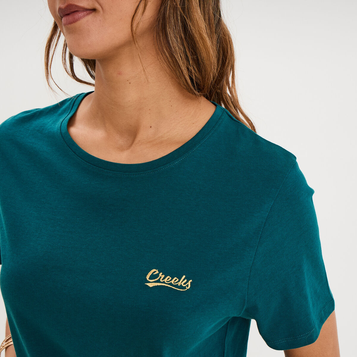 T-shirt col rond manches courtes vert fonc&eacute; femme