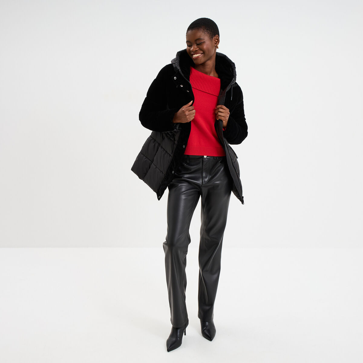 Doudoune bi-mati&egrave;re effet velours noir femme