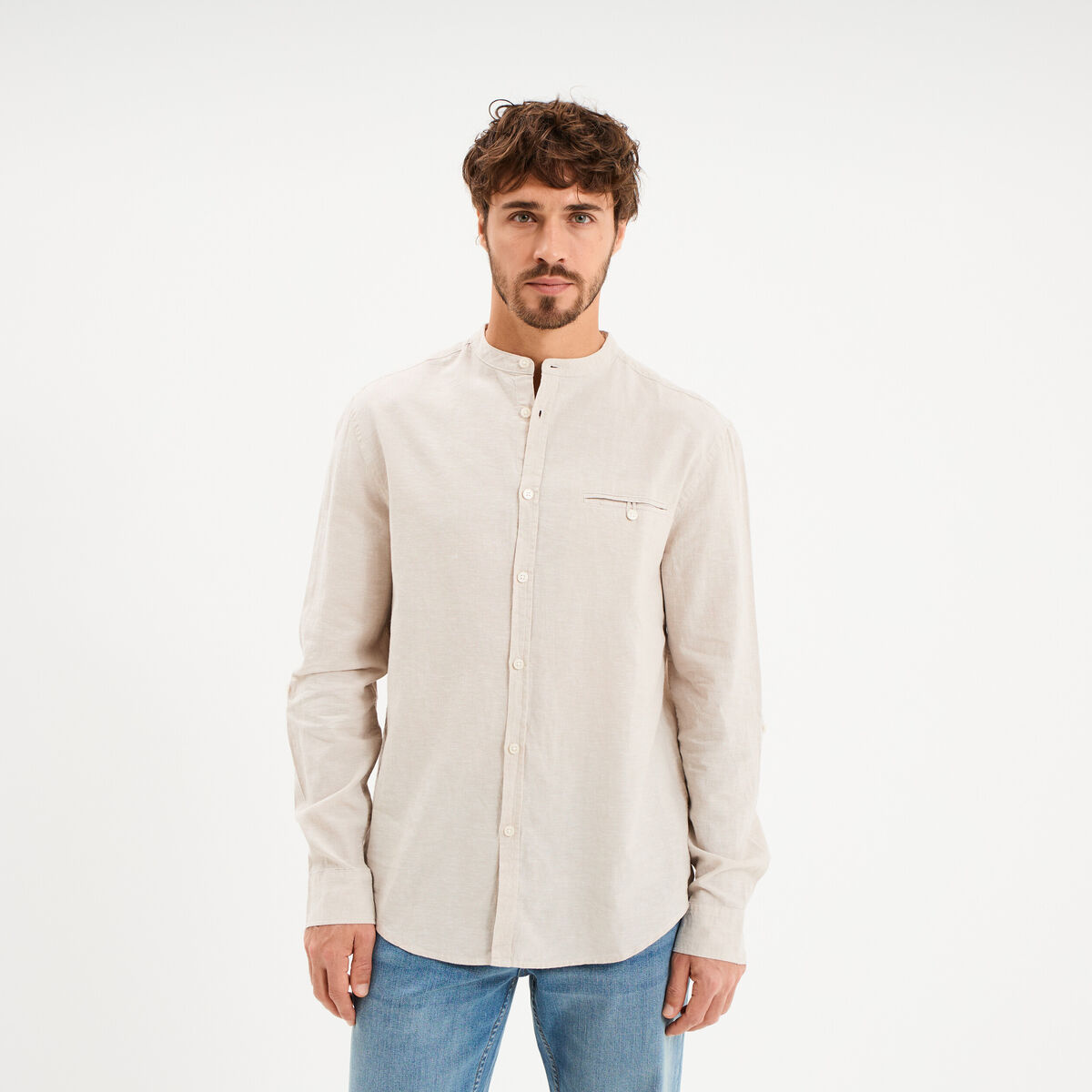 Chemise col mao lin m&eacute;lang&eacute; gris clair homme