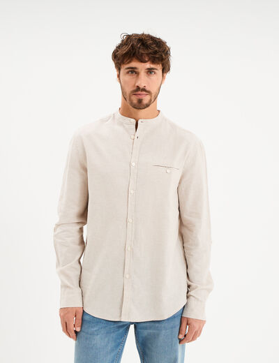Chemise col mao lin m&eacute;lang&eacute; gris clair homme