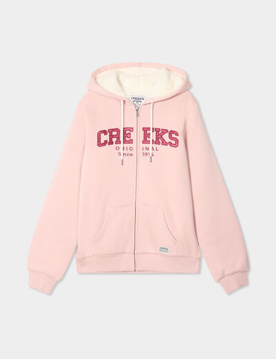Sweat &agrave; capuche doublure effet sherpa rose poudr&eacute;e femme