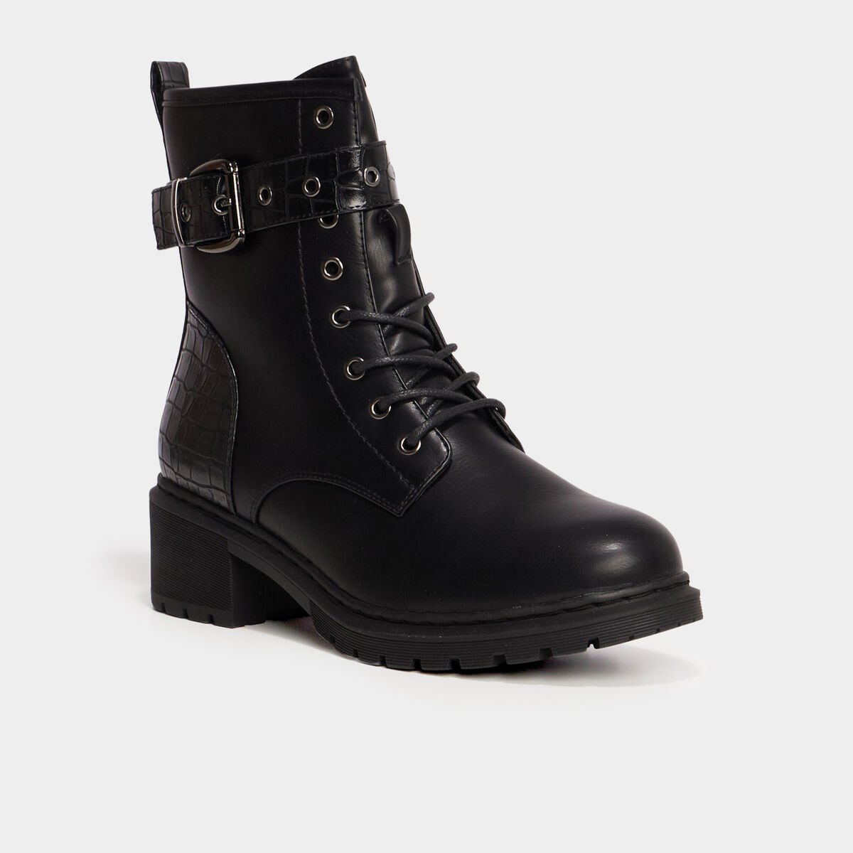 Bottines croco crant&eacute;es avec boucles noir femme