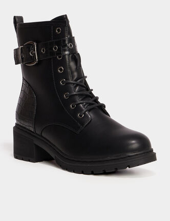 Bottines croco crantées avec boucles noir femme