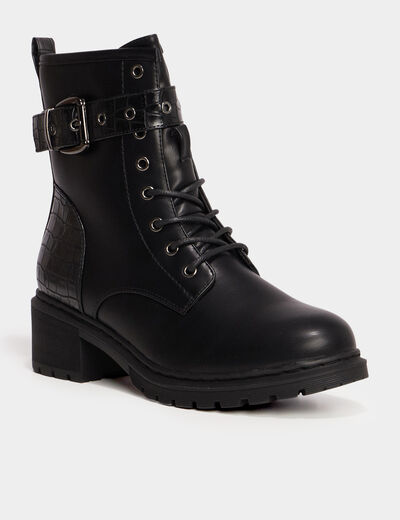 Bottines croco crantées avec boucles noir femme