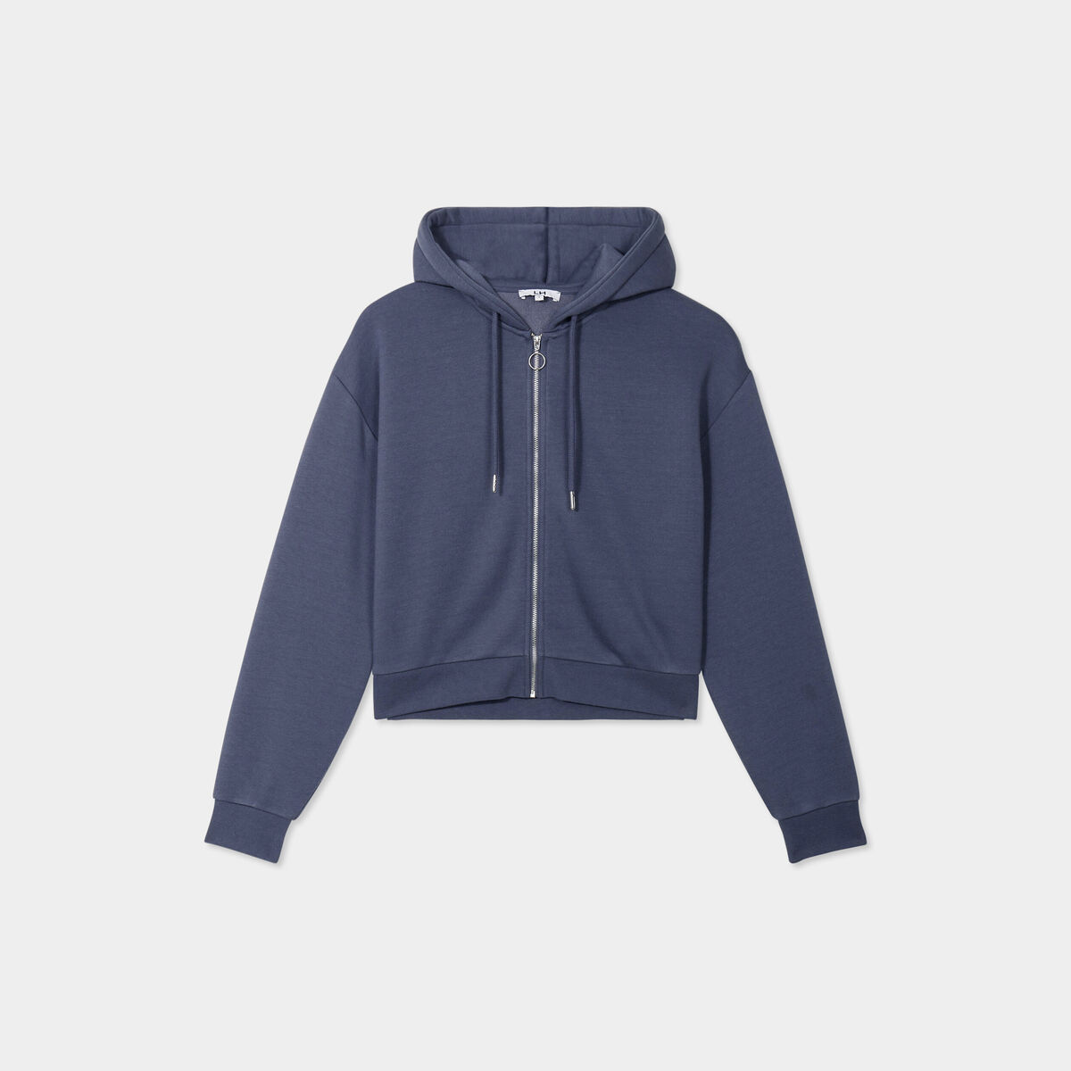 Sweat zippé à capuche court bleu gris femme