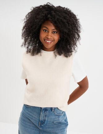 Pull sans manches col rond beige femme