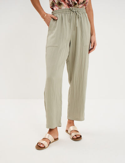 Pantalon fluide carotte &eacute;lastiqu&eacute;e vert kaki femme