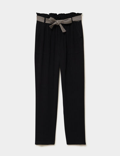 Pantalon paperbag &eacute;lastiqu&eacute; m&eacute;lange lin noir femme