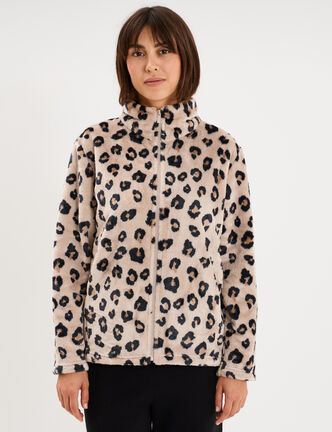 Veste de pyjama effet polaire zipp&eacute;e beige femme