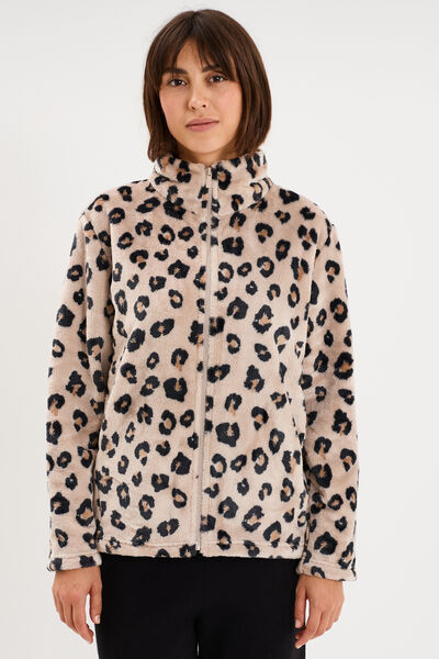 Veste de pyjama effet polaire zipp&eacute;e beige femme