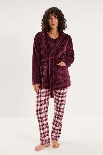 Peignoir mi-long effet polaire ceintur&eacute; prune femme