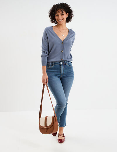 Gilet col en V boutonné bleu gris femme