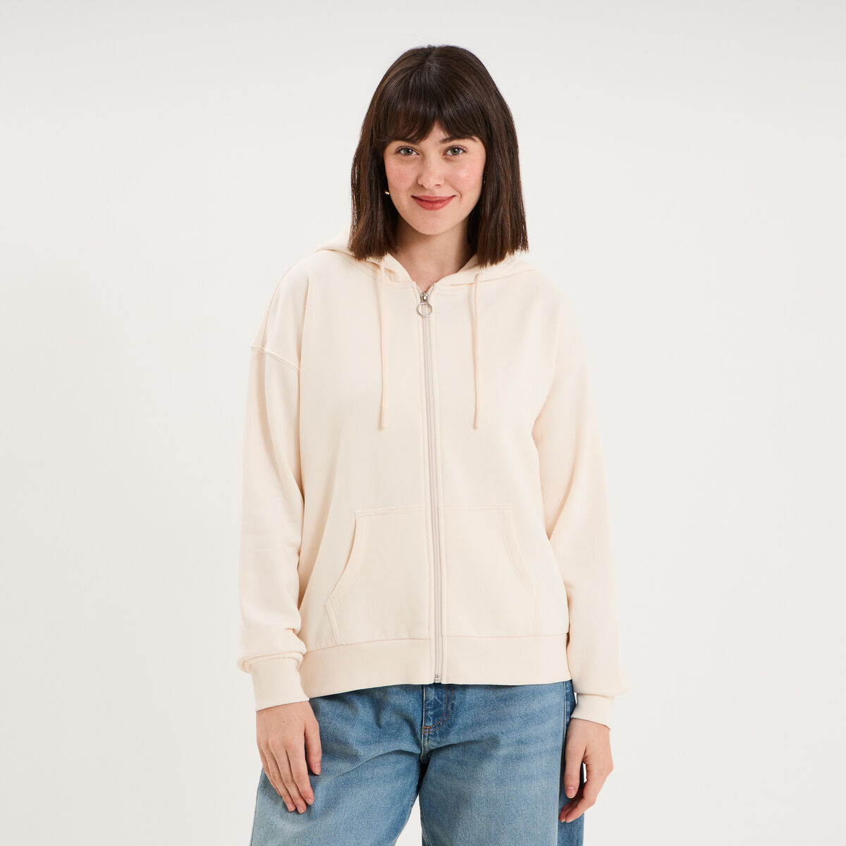 Sweat zipp&eacute; &agrave; capuche beige femme
