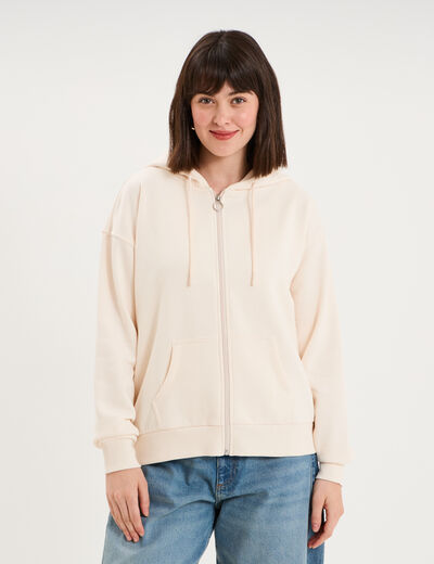 Sweat zipp&eacute; &agrave; capuche beige femme