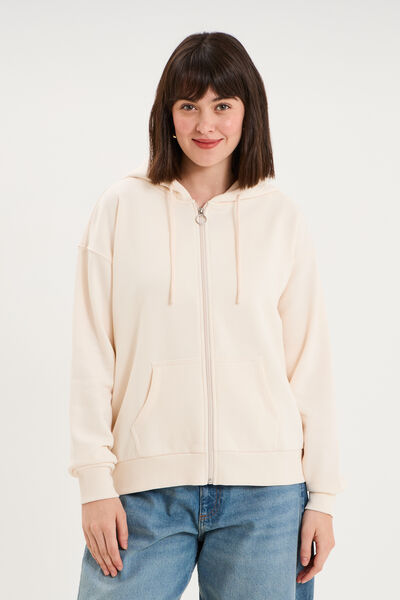 Sweat zipp&eacute; &agrave; capuche beige femme