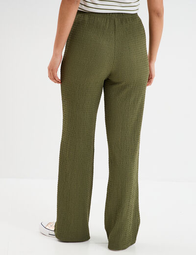 Pantalon effet gaufré taille élastiquée vert kaki femme