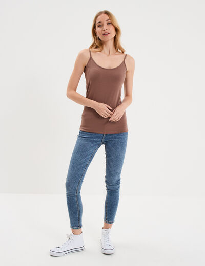 D&eacute;bardeur coton bretelles r&eacute;glables marron cognac femme