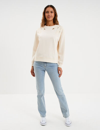 Sweat ajour&eacute; avec broderie col rond ecru femme