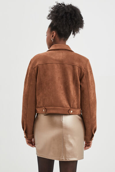 Veste suédine ajustée boutonnée marron foncé femme