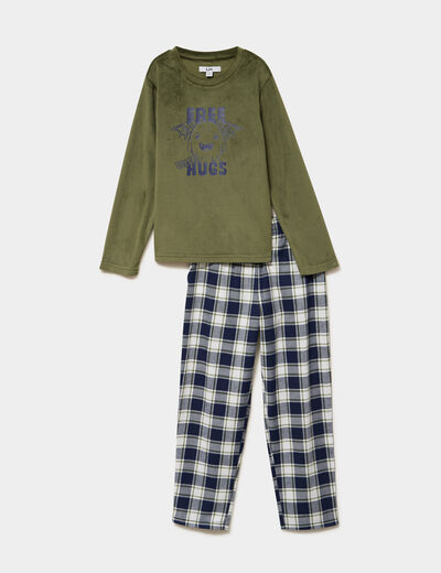 Ensemble pyjama t-shirt effet velours vert kaki gar&ccedil;on