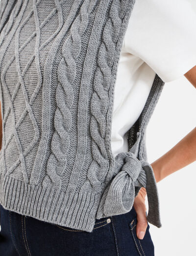 Pull gilet noeuds col roulé sans manches gris femme