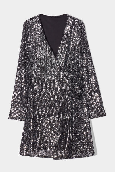 Robe à sequins portefeuille courte gris argent femme