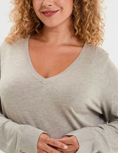 Pull col en V manches longues beige femme grande taille