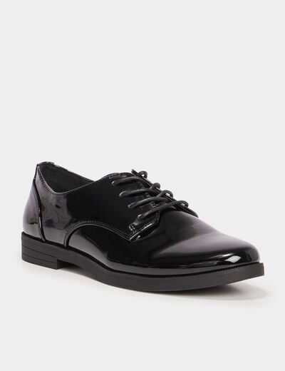 Derbies vernies &agrave; lacets noir femme