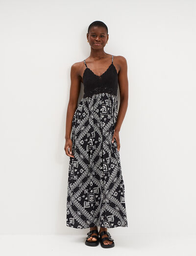 Robe longue buste effet crochet noir femme