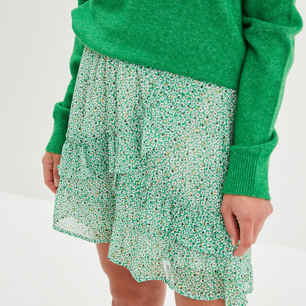 Jupe courte patineuse à volants vert femme