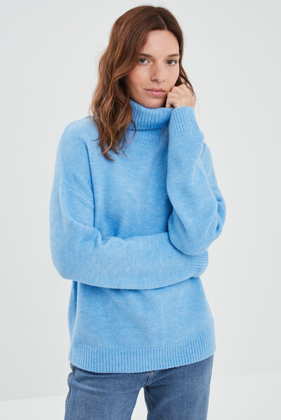 Pull col roulé droit manches longues bleu femme
