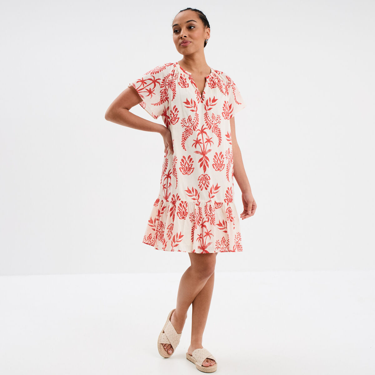 Robe trapèze manches papillons coton ecru femme