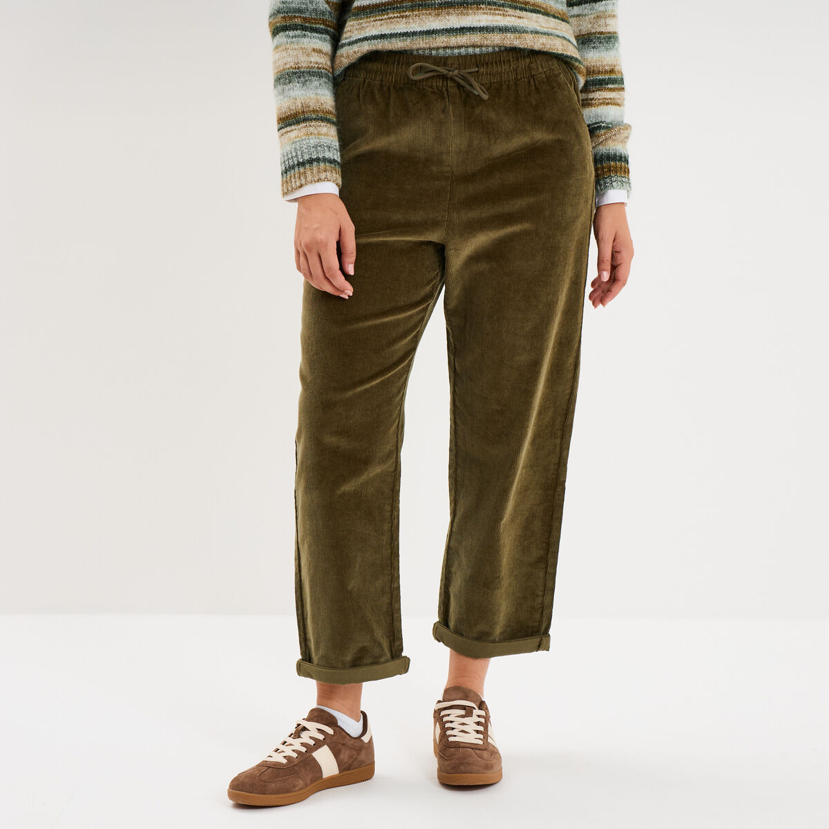 Pantalon taille haute velours 7/8&egrave;me vert kaki femme