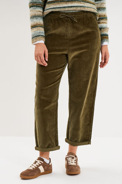 Pantalon taille haute velours 7/8&egrave;me vert kaki femme