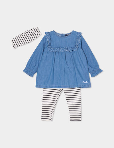 Ensemble coton 3 pièces blouse en jean ecru bébé fille