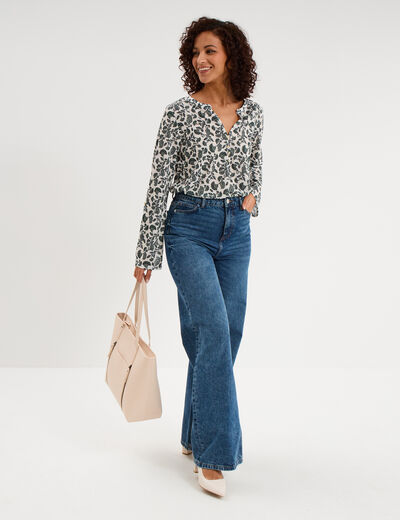 T-shirt col mao manches retroussables ecru femme