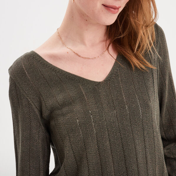 Pull ajouré manches longues vert kaki femme