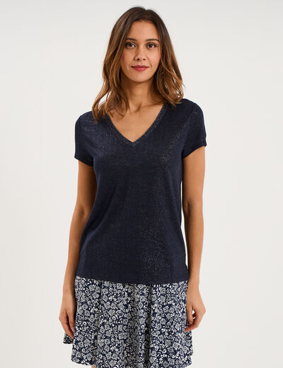 T-shirt col en V manches courtes bleu fonc&eacute; femme