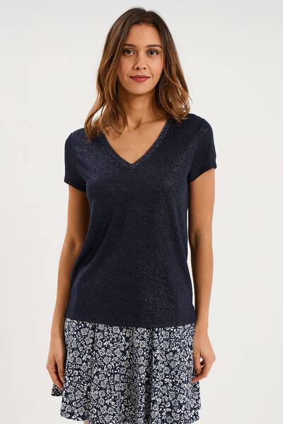 T-shirt col en V manches courtes bleu fonc&eacute; femme