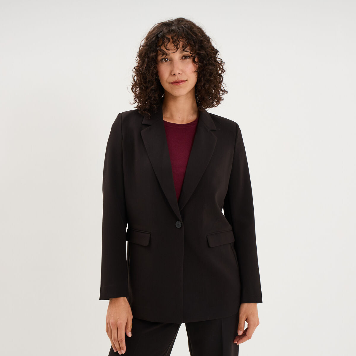 Blazer ajust&eacute; mi-long 1 bouton noir femme