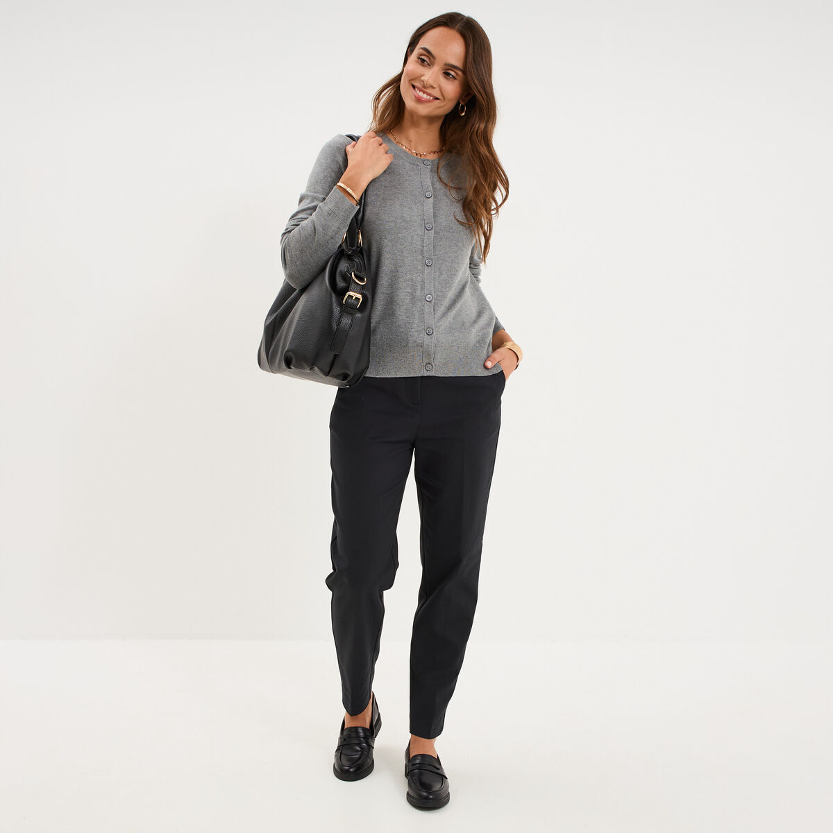 Gilet col rond manches longues gris femme