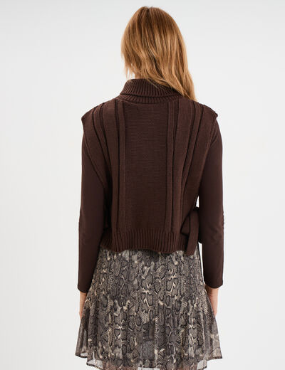 Pull gilet noeuds col roulé sans manches marron foncé femme