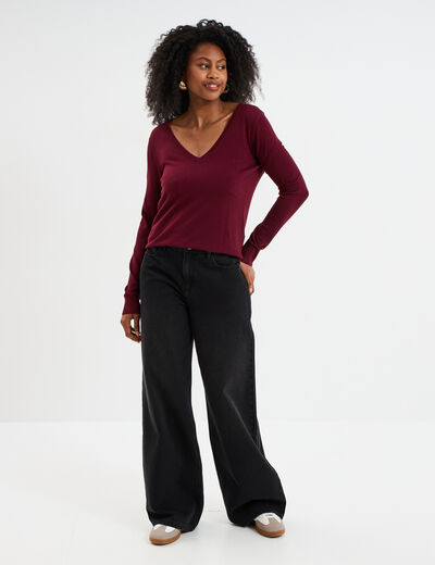Pull col en V manches longues bordeaux femme
