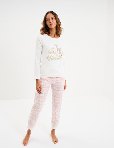 Ensemble pyjama effet velours 2 pi&egrave;ces blanc femme