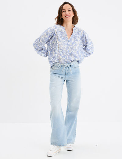 T-shirt ajouré manches 3/4 col en V bleu lavande femme
