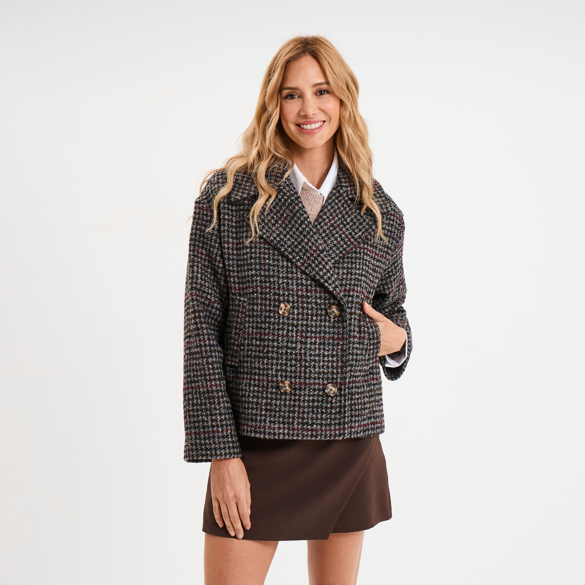 Manteau court double boutonnage multicolore femme