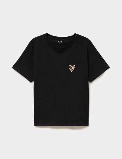 T-shirt col rond manches courtes coton noir femme