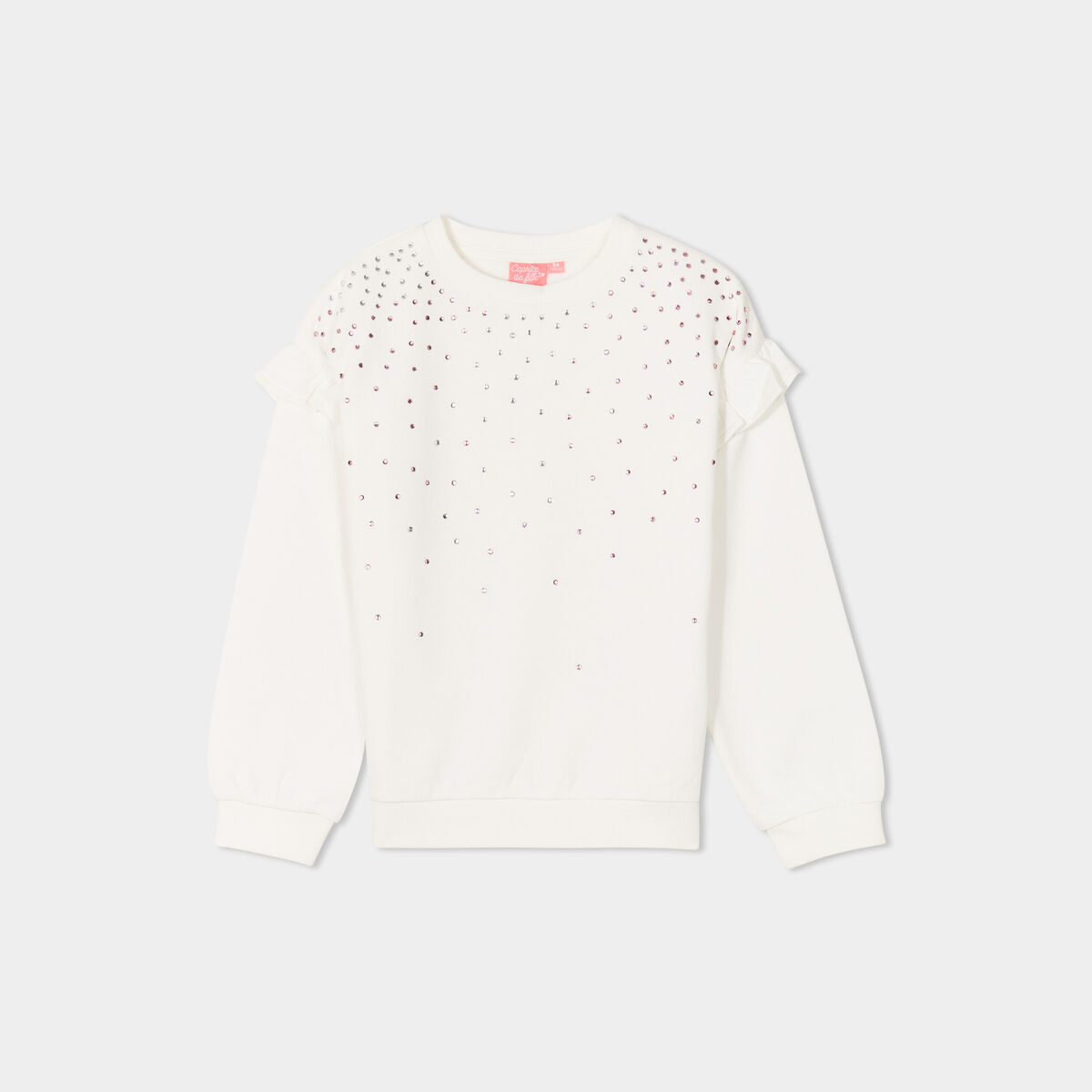 Sweat strass et volants manches longues ivoire fille